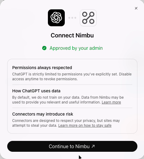 The "Connect Nimbu" window in ChatGPT with the "Continue to Nimbu" button