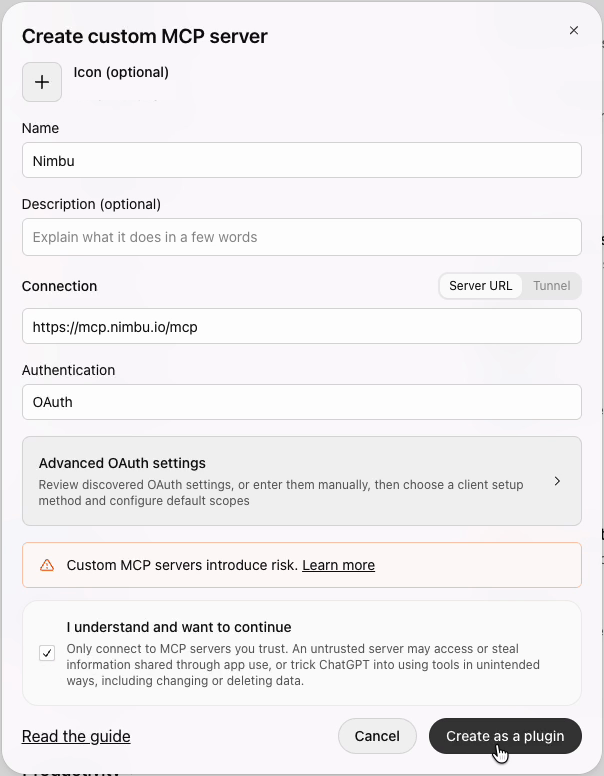 The "Create custom MCP server" form filled in for Nimbu