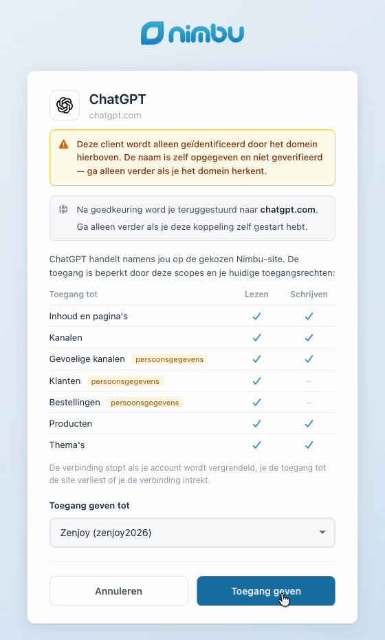 The Nimbu consent page for ChatGPT, with the site picker and the "Grant access" button